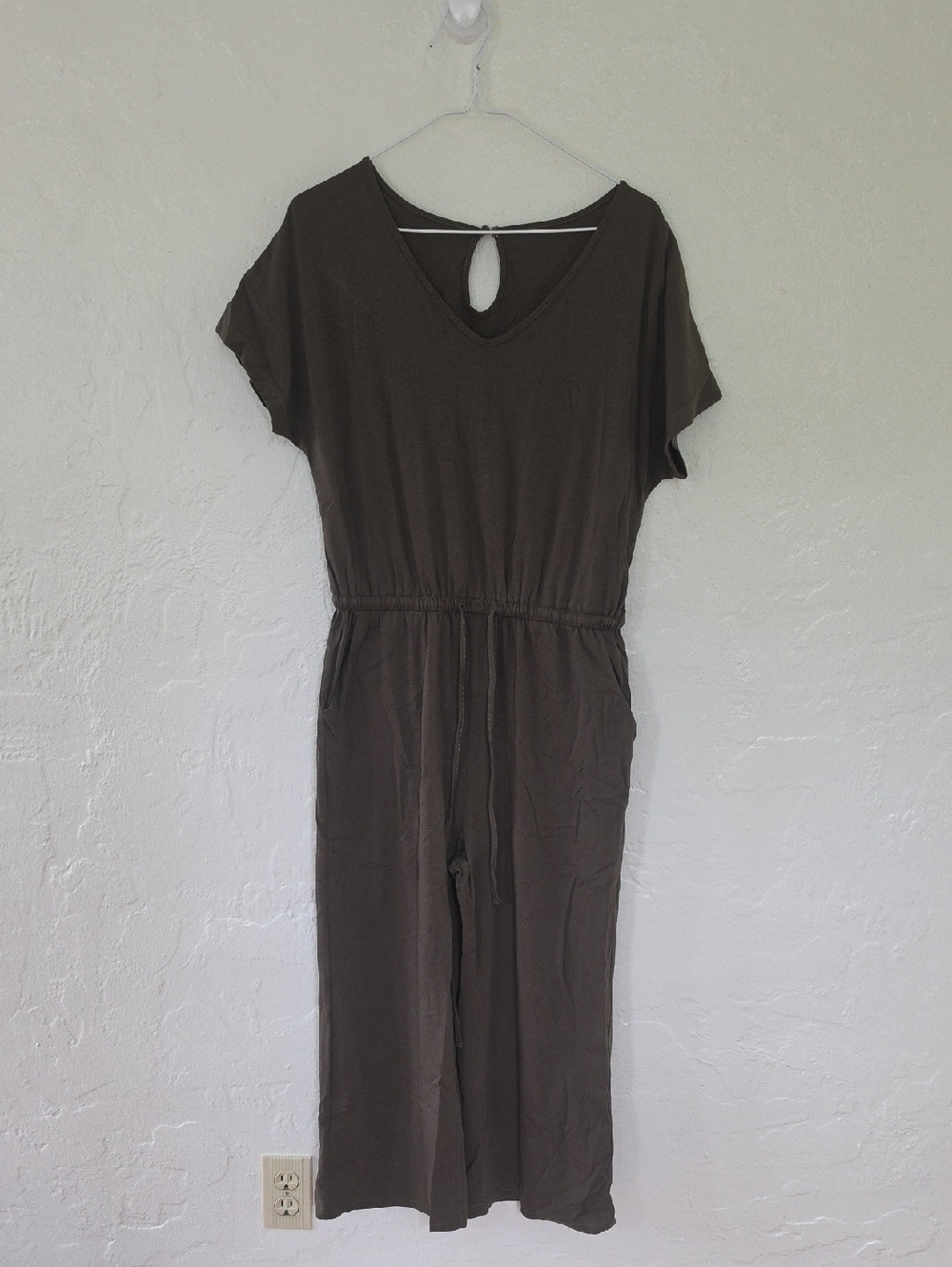 Women's Olive Green Short-Sleeve Jumpsuit with Drawstring Waist